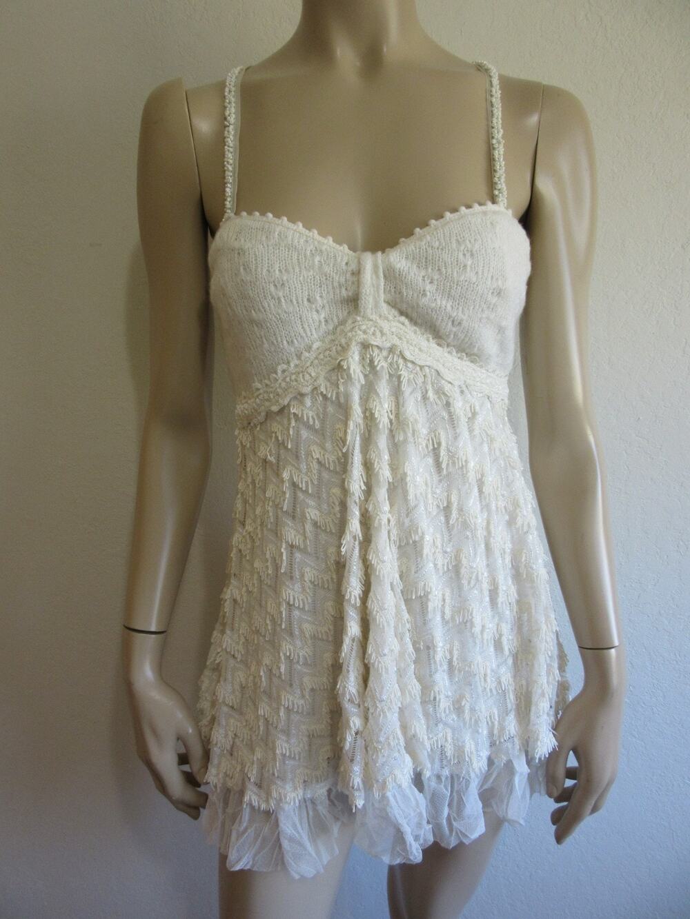 FREE PEOPLE Cream Croched Bust Beaded Straps S Tulle Fringe Mini Dress Top-JB3